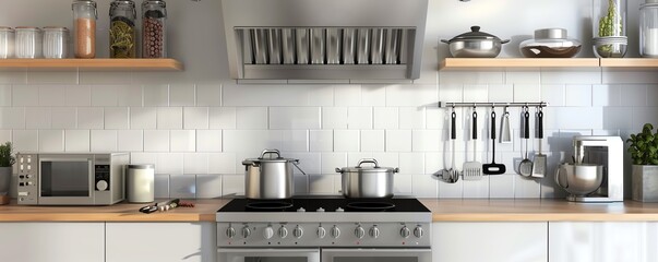 Modern kitchen with stainless steel appliances and white subway tile backsplash.
