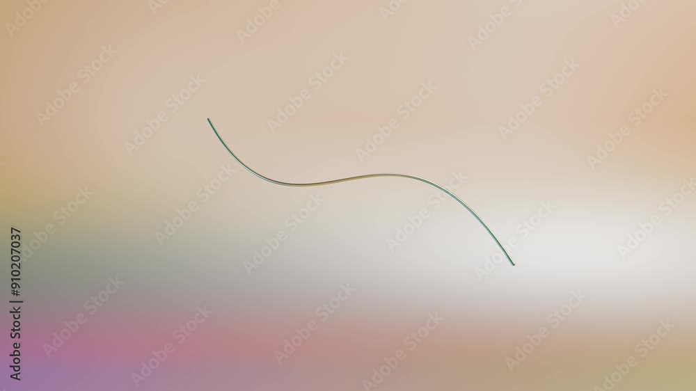 Poster chrome curved tube with rainbow reflections rotates on light background. 3d render animation