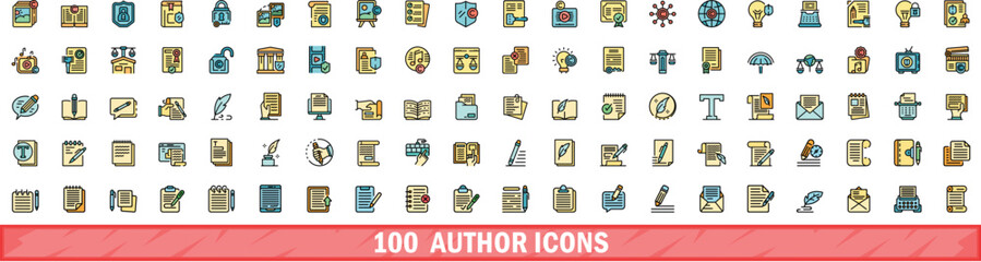 100 author icons set. Color line set of author vector icons thin line color flat on white