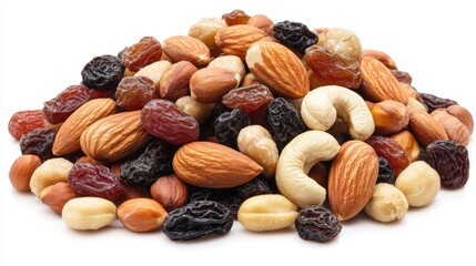 Close-up of assorted nuts and dried fruits, including almonds, hazelnuts, peanuts, cashews, candied fruit, and raisins, isolated on white