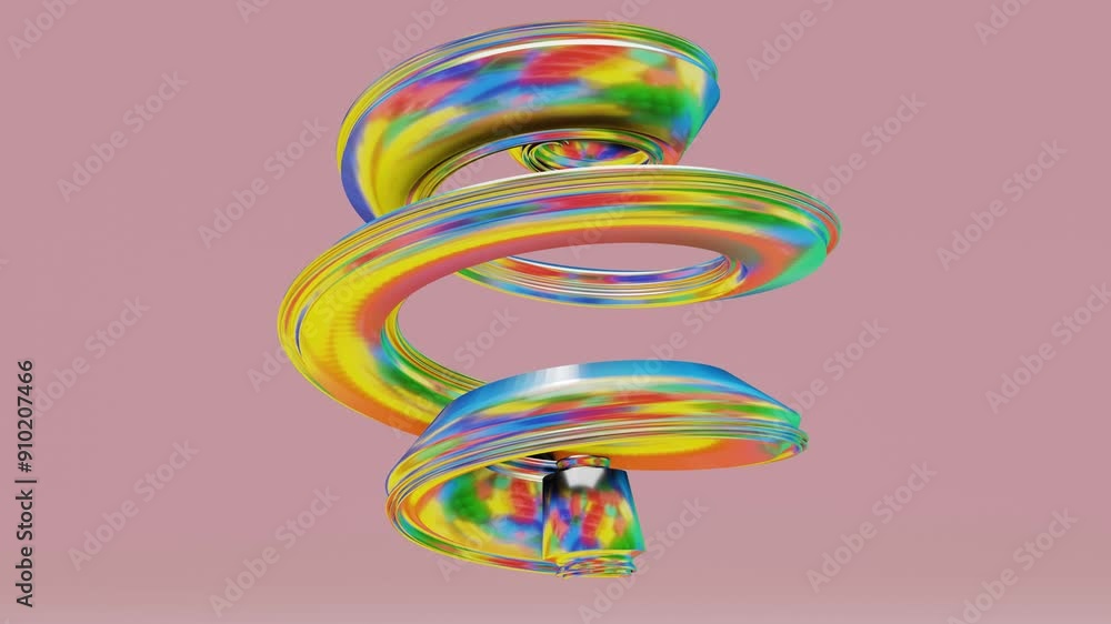 Aufkleber spiral abstract 3d metal detail with colorful reflections rotates on light background. 3d render ani