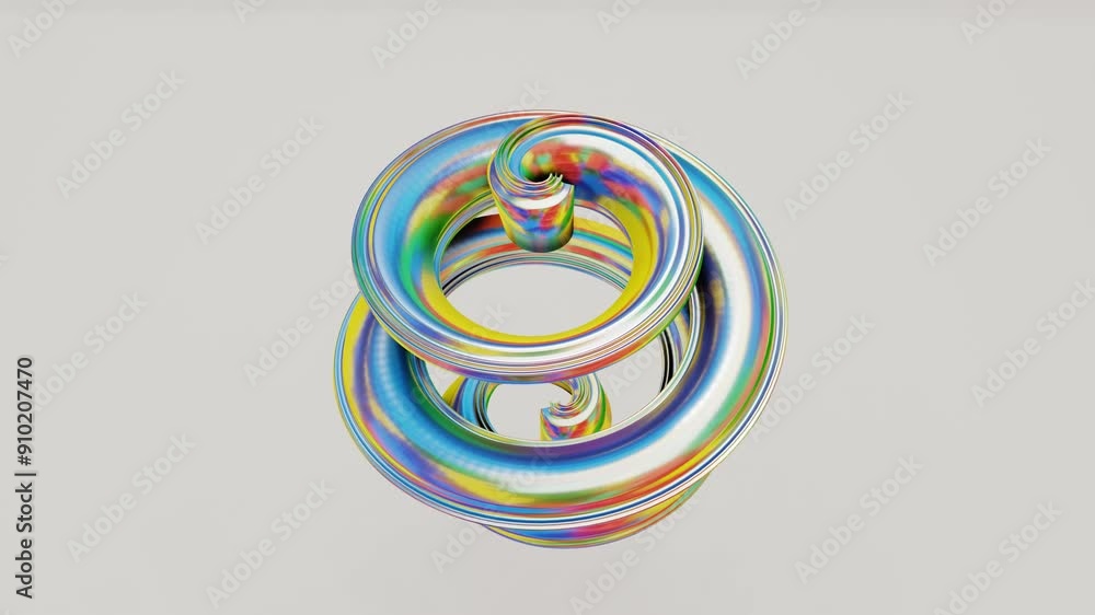 Poster spiral abstract 3d metal detail with colorful reflections rotates on light background. 3d render ani