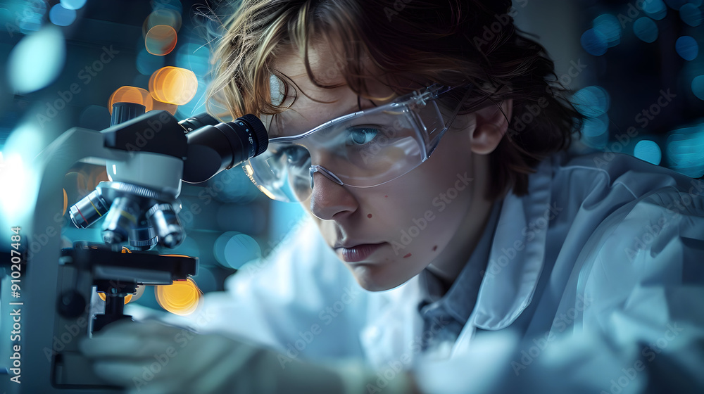 Poster focused scientist using microscope in lab - photo