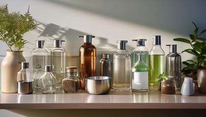 A stylish refill station with glass dispensers containing various liquids like oils, vinegar