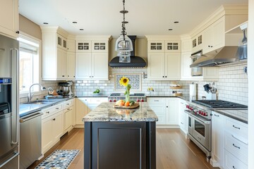 Modern kitchen with white cabinets, granite countertop, and stainless steel appliances.