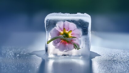 An ice cube with a small flower frozen inside, surrounded by light condensation with a smooth