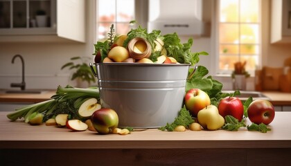 An overflowing compost bucket with various food scraps like apple cores, potato peels, and l 