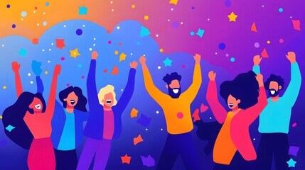 Diverse group of people celebrating with confetti and stars, expressing joy and excitement.