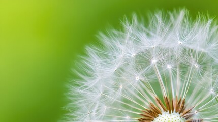 Detailed view of a dandelion seed head with a blurred green backdrop, capturing the intricate white seeds and delicate texture