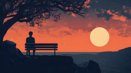 Silhouette of a person sitting on a bench overlooking a beautiful sunset with a full moon.