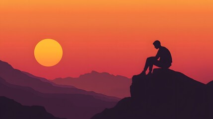Obraz premium Silhouette of a person sitting on a mountaintop at sunset. A lone figure contemplates the vastness of the landscape.