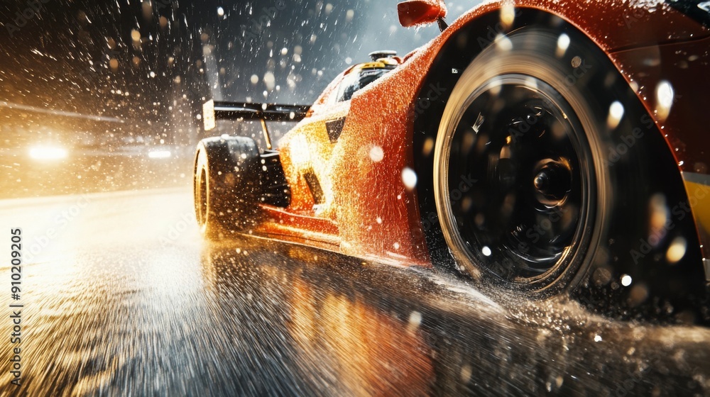 Poster a red racing car speeds around a wet track at night, water splashing as it maneuvers through challen