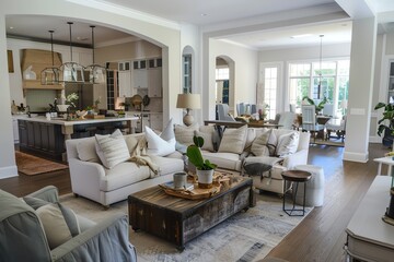 Spacious living room with comfortable furniture, large windows, and an open floor plan.