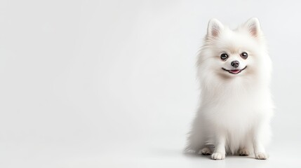 Fototapeta premium Elegant white Pomeranian dog on a white background, with ample room for adding text, capturing the dog's playful and charming nature