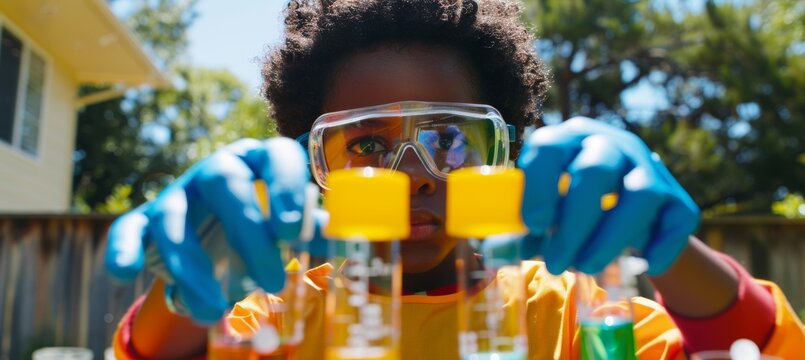 Afro American Schoolboy Conducting Fun Outdoor Science Experiment with Bubbling Test Tubes - Powered by Adobe
