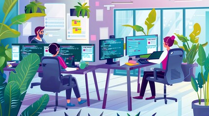 Three programmers work in a modern office with plants and large monitors.