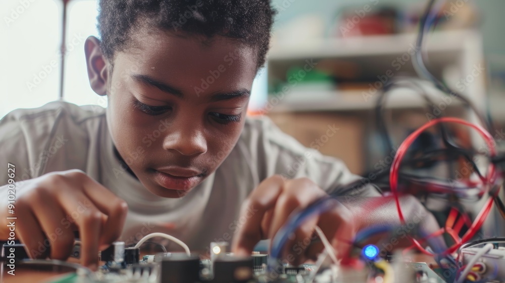 Poster curious schoolboy engaging in hands-on science experiment building a circuit board