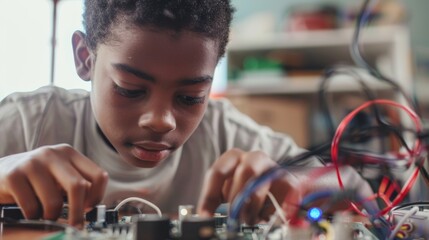 Curious Schoolboy Engaging in Hands-On Science Experiment Building a Circuit Board