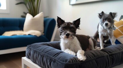 Two small dogs, one black and white, the other grey, sit on a velvet dog bed in a modern living room.