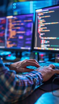 Close-Up of Software Developer Coding Python on a Mechanical Keyboard in High-Tech Environment