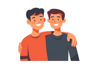 Fototapeta premium Two smiling men stand close together, one arm around the other's shoulder, showcasing friendship and camaraderie.