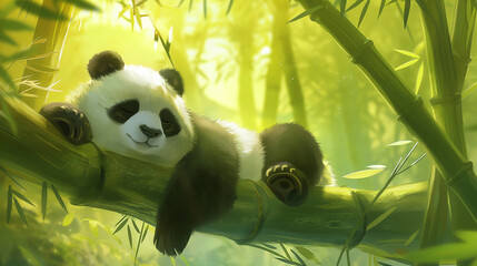 Obraz premium Large adult panda sleeping on a branch in forest. Cozy quiet atmosphere in green light.