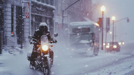 Fototapeta premium A motorcyclist braves a snowy city street, navigating through the harsh weather amid tall buildings and bright streetlights.
