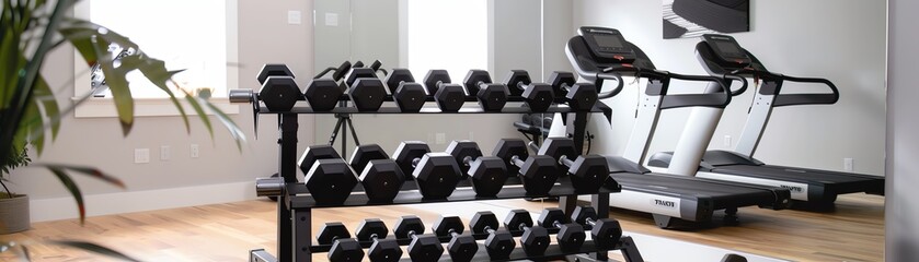 A rack of dumbbells in a gym with a treadmill in the background.