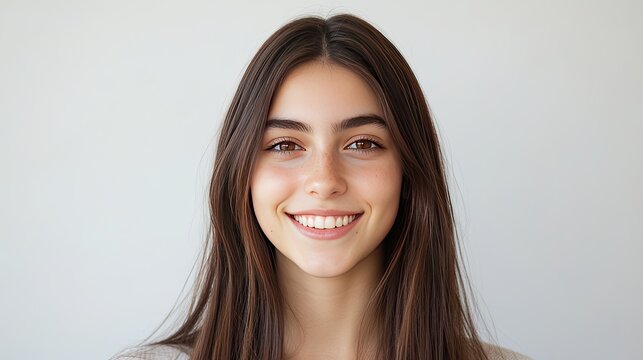Head and shoulders shot of a young woman with a friendly smile and long straight brown hair, highlighting her charismatic expression on white