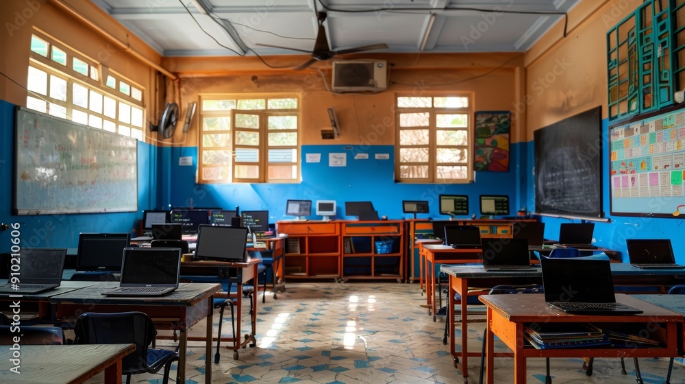 Aufkleber modern classroom with interactive whiteboards and laptops for students' advanced learning experience
