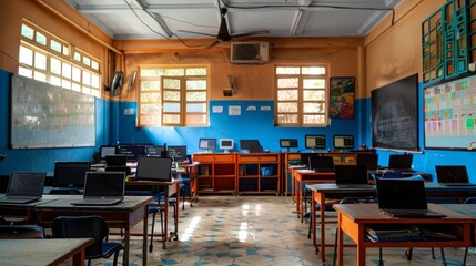 Fototapeta premium Modern Classroom with Interactive Whiteboards and Laptops for Students' Advanced Learning Experiences
