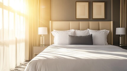 Hotel room featuring a freshly made king-sized bed with a headboard, perfectly clean sheets, and puffy pillows, bathed in natural sunlight