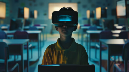 A young boy in a school setting wears VR glasses, deeply immersed in a virtual reality experience under dim, futuristic lighting.
