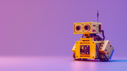 Naklejka premium A friendly robot with a yellow body and large circular eyes stands on a minimalist, purple gradient backdrop.