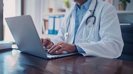 A focused doctor in a white lab coat types on a laptop at a wooden desk in a modern medical office, demonstrating professional healthcare and documentation.