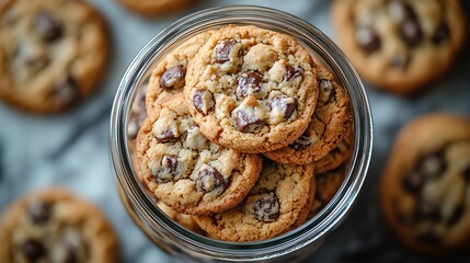 Obraz premium Close-up of a glass jar filled with chocolate chip cookies.