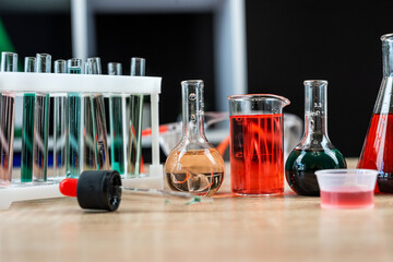 liquid in a different size chemical flask for chemical experiment, nobody