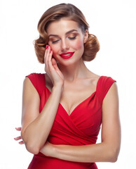 Fototapeta premium Girl in red dress is embarrassed and shy. Emotions. White background