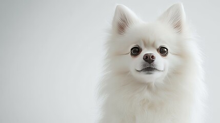 Obraz premium Portrait of a charming white Pomeranian dog against a white background, with space for text to highlight the dog's adorable features