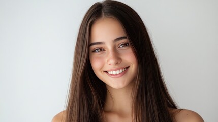 Portrait of a cute young woman with a charismatic grin and long straight brown hair, head and shoulders shot with a white backdrop