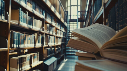 Fototapeta premium A cozy library scene with tall shelves filled with books and an open book in the foreground, inviting readers to explore the knowledge within.