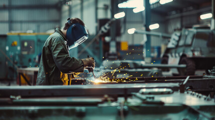 A focused welder works on metal, sending sparks flying in a busy industrial workshop, depicting dedication and craftsmanship amidst a gritty environment.