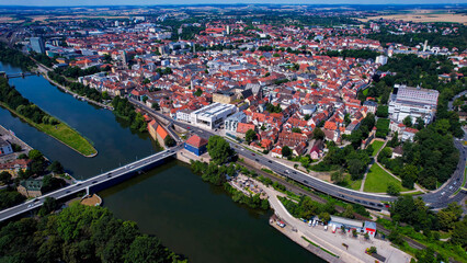 A panorama aerial view of the old town of Schweinfurt in Bavaria in Germany, on a sunny day in...