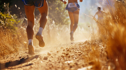 Runners navigating a dusty, sunlit trail with determination, creating dynamic and energetic movement amidst golden hues of late afternoon.