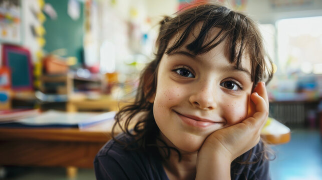 A young girl with dark hair and big eyes smiles warmly as she rests her chin on her hand, surrounded by a cozy and colorful classroom setting.