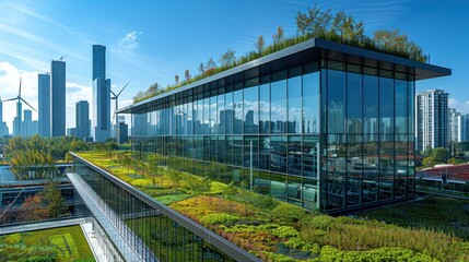 Fototapeta premium Modern Office Building with Green Roof and Cityscape