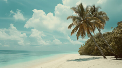 Palm trees arch over a tranquil, pristine beach with soft white sand, facing a gentle ocean under a sky filled with fluffy clouds.