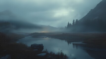 a serene and misty landscape. There is a calm body of water, possibly a lake or a river, reflecting the overcast sky. The scene is enveloped in a soft, bluish-gray mist, giving it a tranquil 