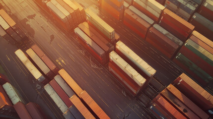 Obraz premium Aerial shot of a shipping yard with rows of colorfully stacked containers, showcasing the scale and orderliness of global trade and logistics at sunset.