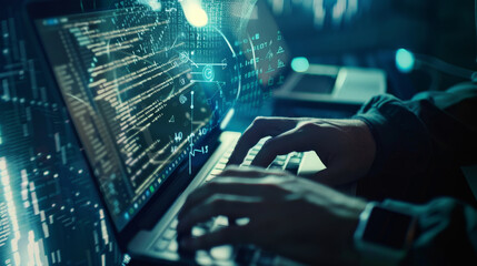 Close-up of hands typing code on a laptop, surrounded by futuristic elements and holographic data, representing advanced technology and cyber security.